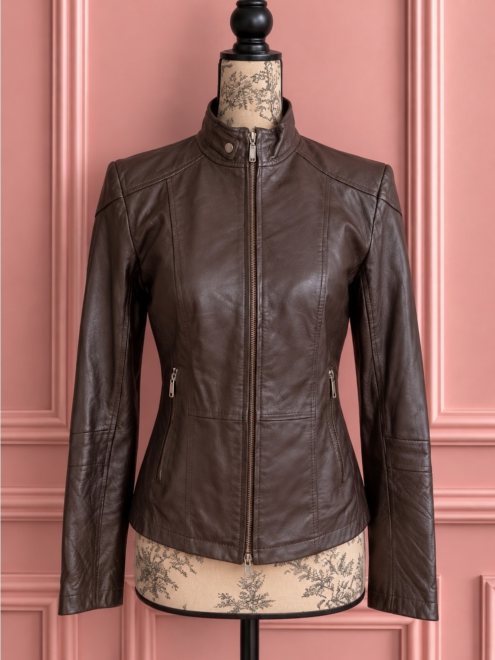 Vintage Dark Brown Leather Zip-Front Moto Jacket Size S